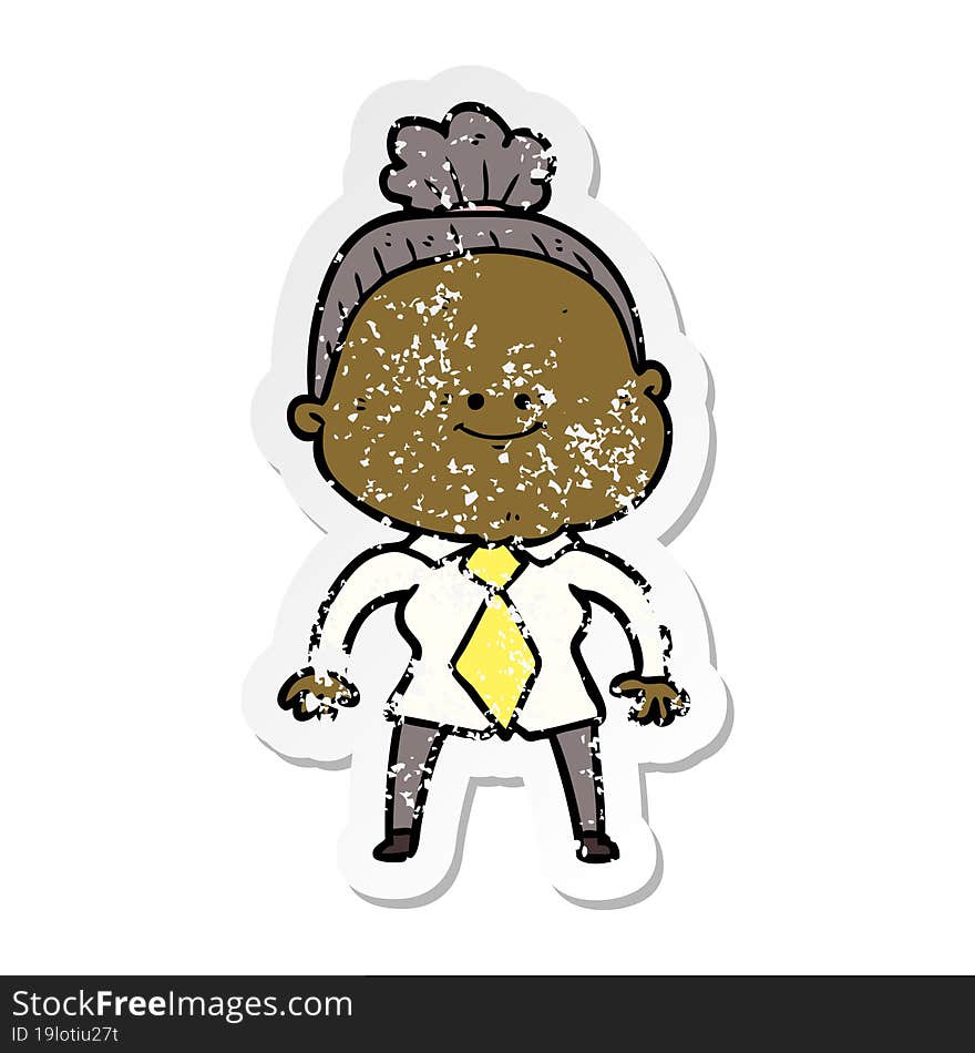 distressed sticker of a cartoon happy old woman