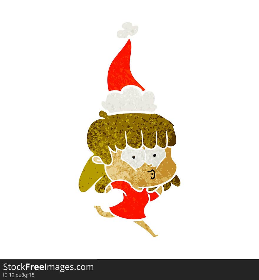 retro cartoon of a whistling girl wearing santa hat