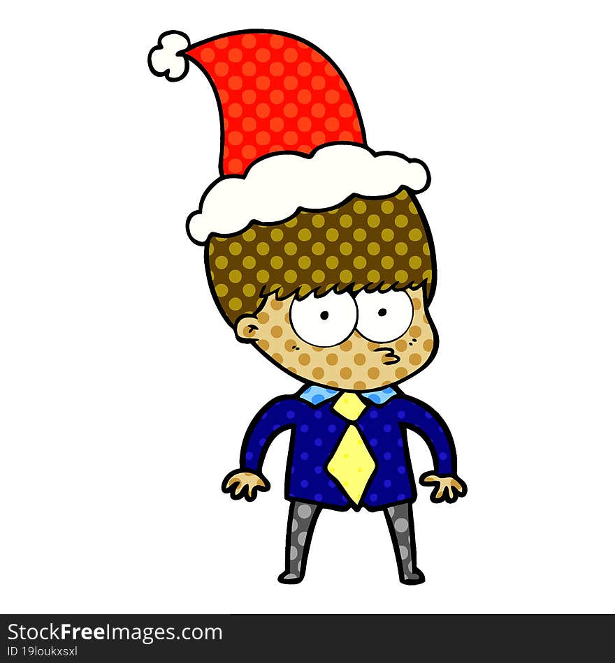 nervous comic book style illustration of a boy wearing shirt and tie wearing santa hat