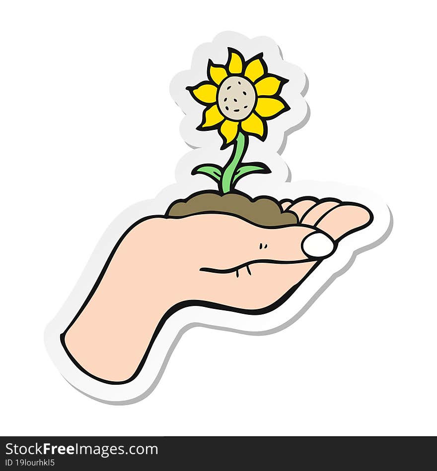 sticker of a cartoon flower growing in palm of hand