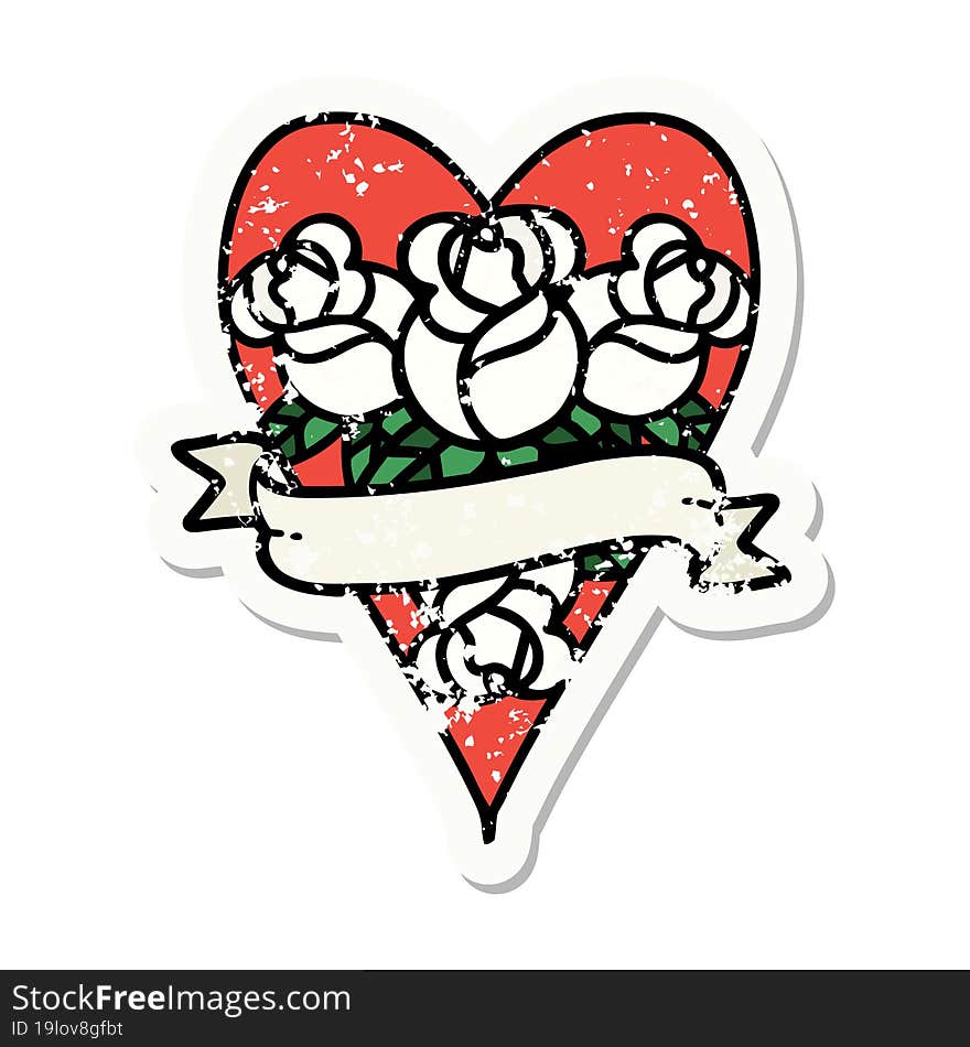 traditional distressed sticker tattoo of a heart and banner with flowers