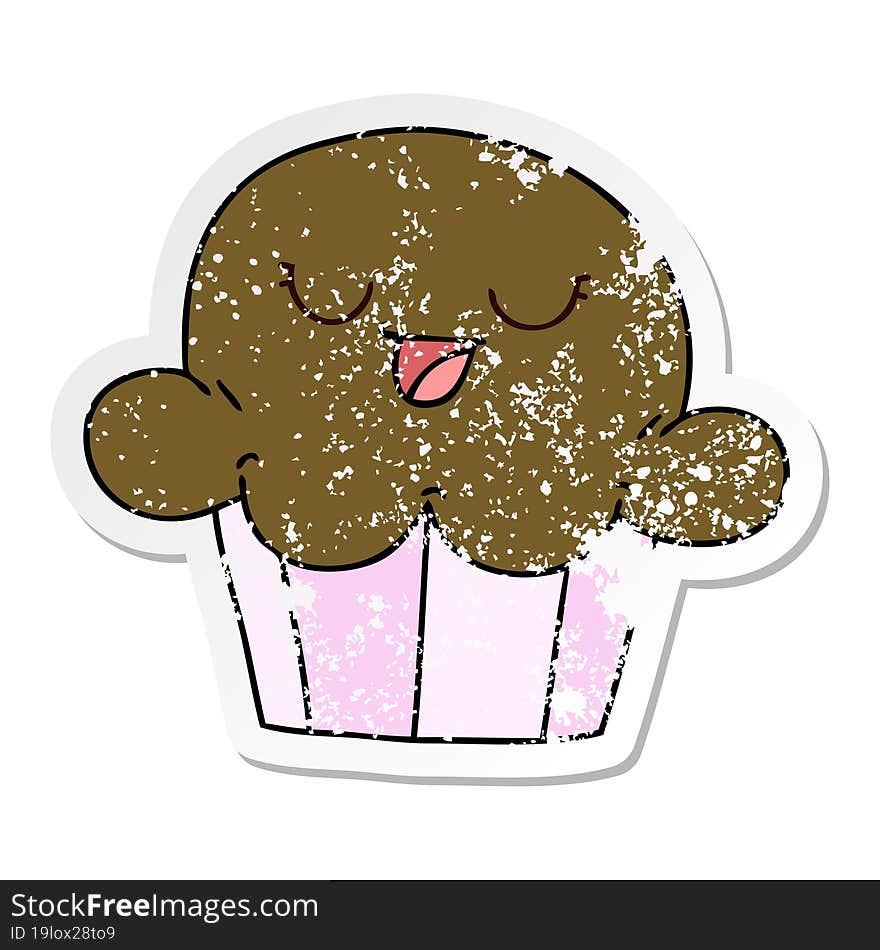 Distressed Sticker Of A Quirky Hand Drawn Cartoon Happy Muffin