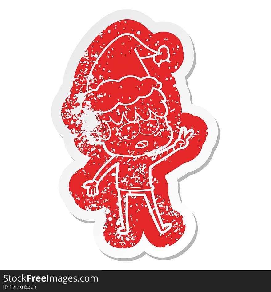 cartoon distressed sticker of a exhausted boy wearing santa hat