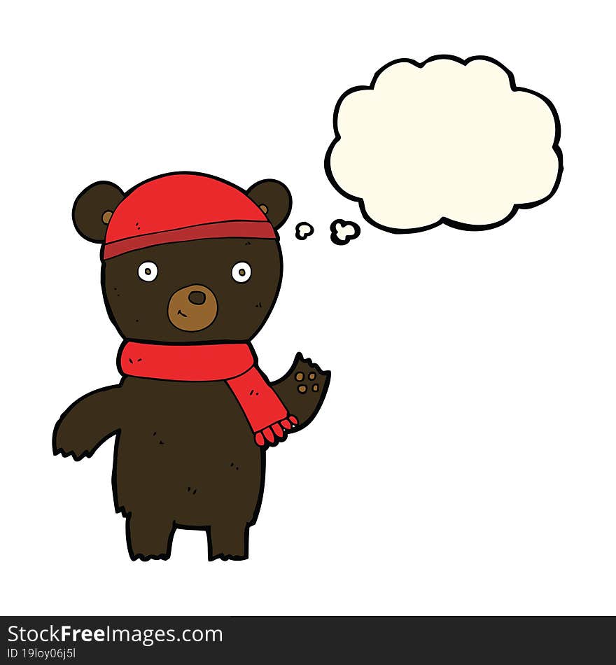 cartoon waving black bear with thought bubble