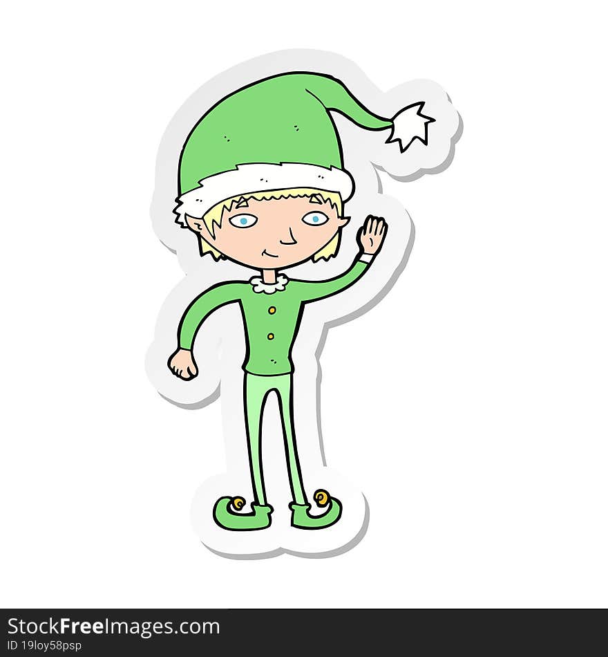 sticker of a cartoon waving christmas elf