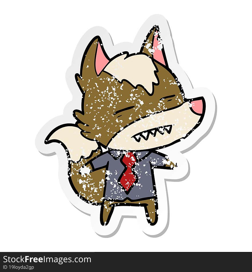 distressed sticker of a cartoon office wolf showing teeth