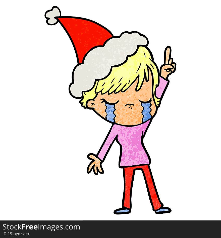 Textured Cartoon Of A Woman Crying Wearing Santa Hat