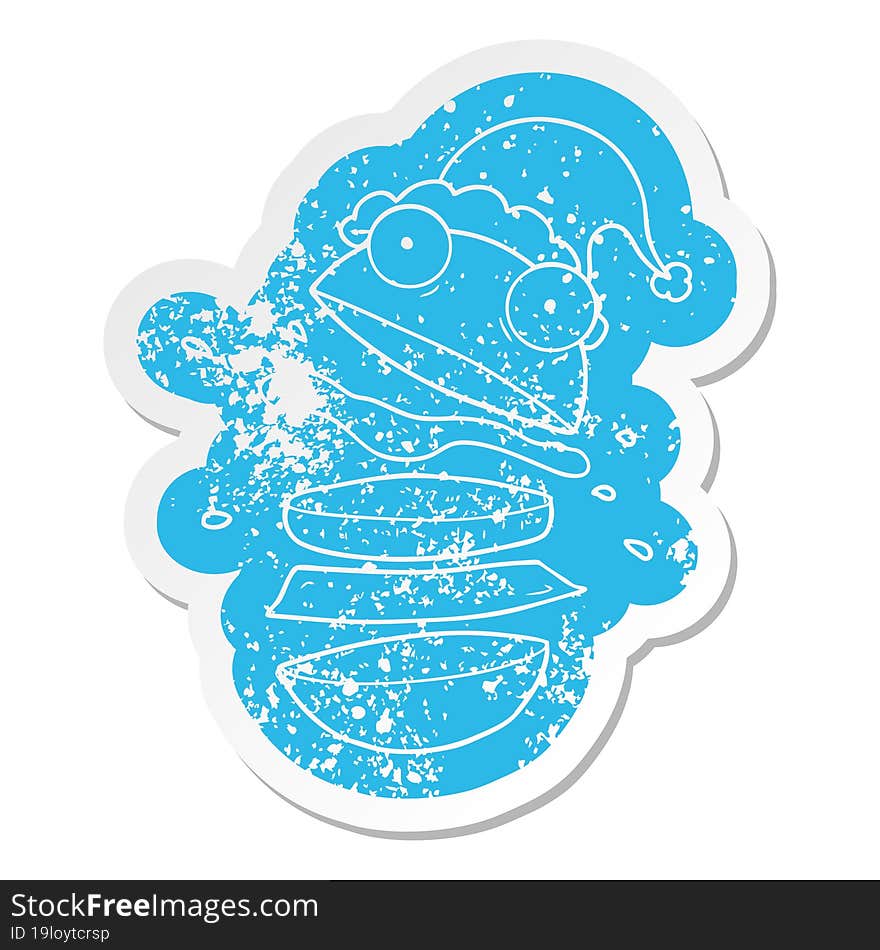 quirky cartoon distressed sticker of a amazing burger wearing santa hat