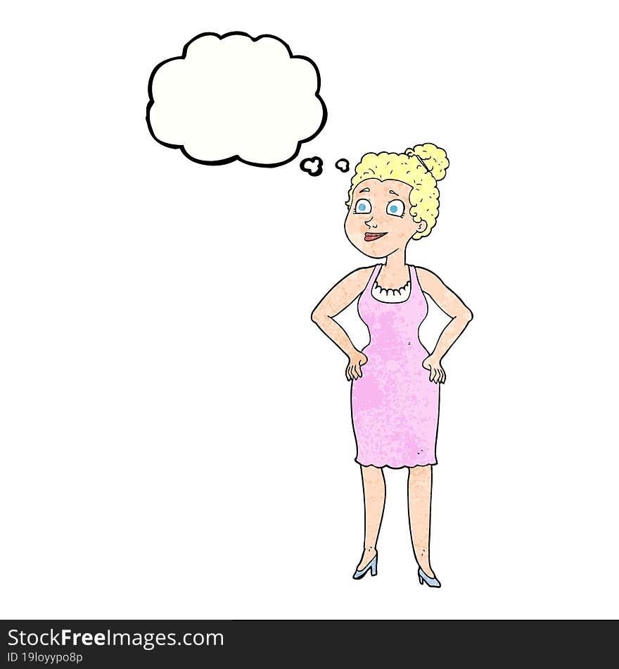 freehand drawn thought bubble textured cartoon woman wearing dress