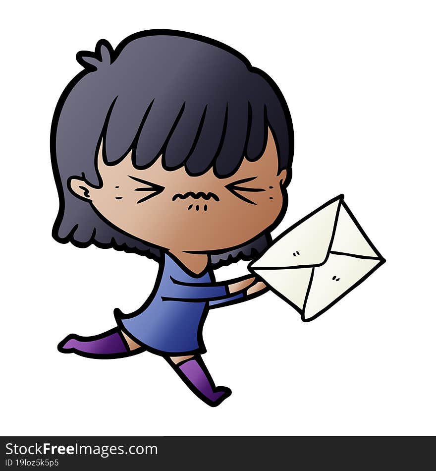 annoyed cartoon girl with letter. annoyed cartoon girl with letter