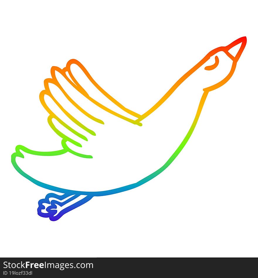 rainbow gradient line drawing of a cartoon flying goose