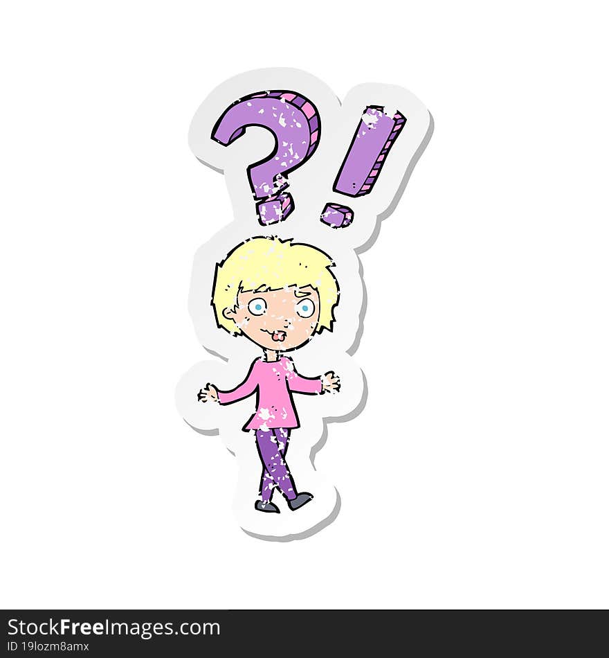 retro distressed sticker of a cartoon woman asking question