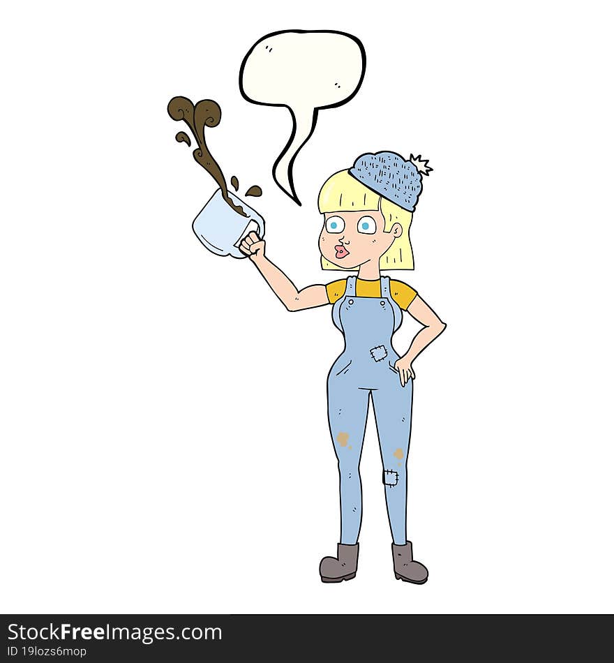 speech bubble cartoon female worker with coffee mug