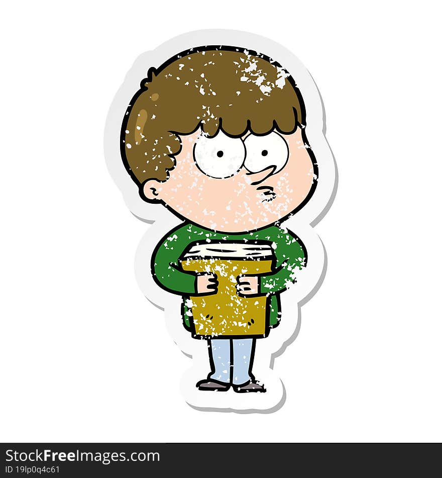 Distressed Sticker Of A Cartoon Curious Boy Holding A Book