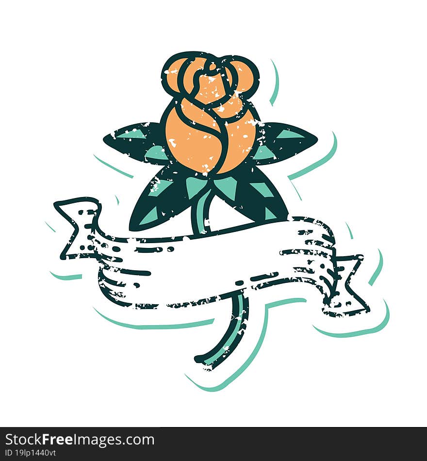 Distressed Sticker Tattoo Style Icon Of A Rose And Banner