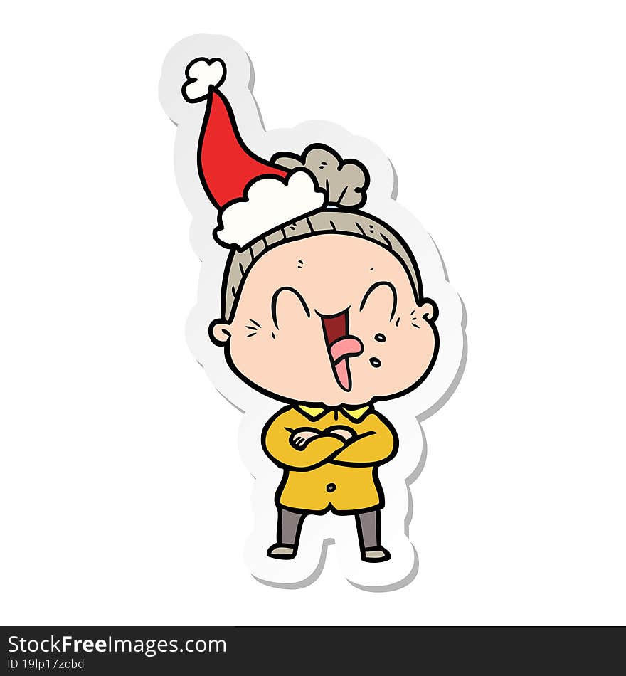 sticker cartoon of a happy old woman wearing santa hat