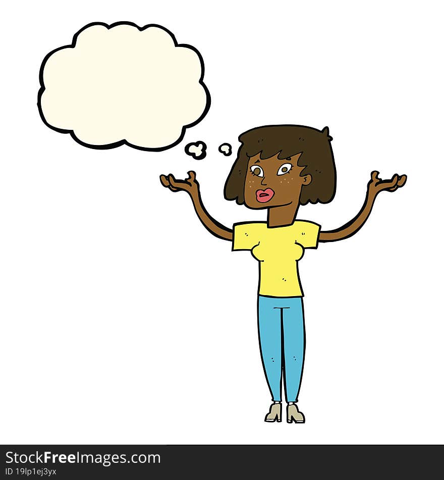 cartoon woman holding up hands with thought bubble