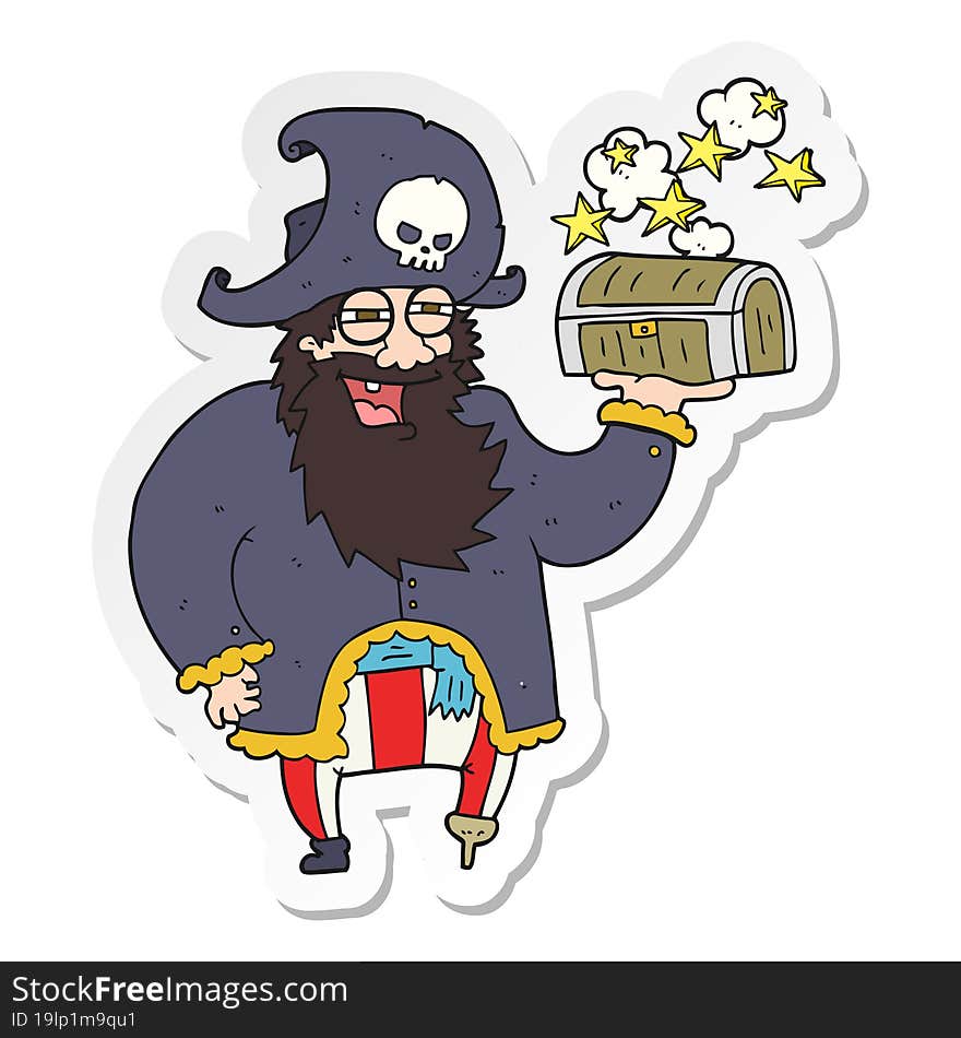 sticker of a cartoon pirate captain with treasure chest