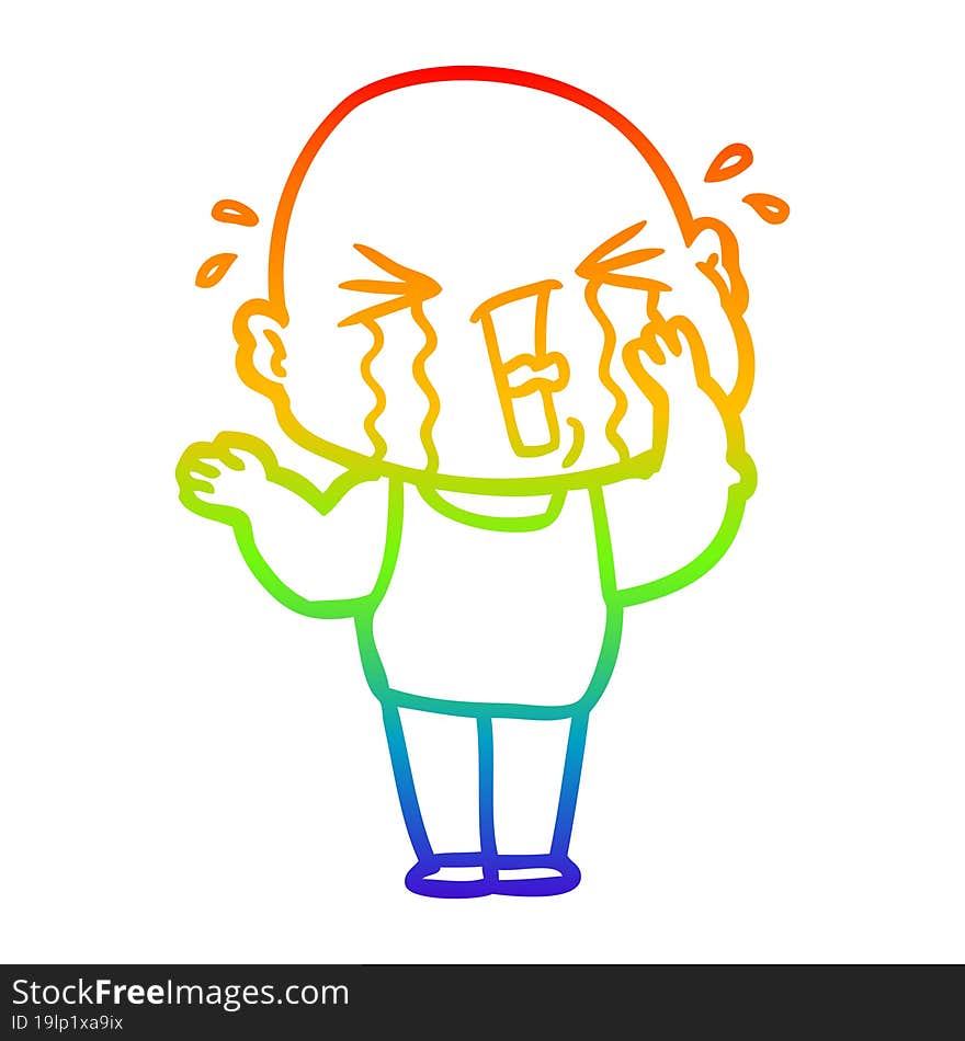 rainbow gradient line drawing cartoon crying bald man