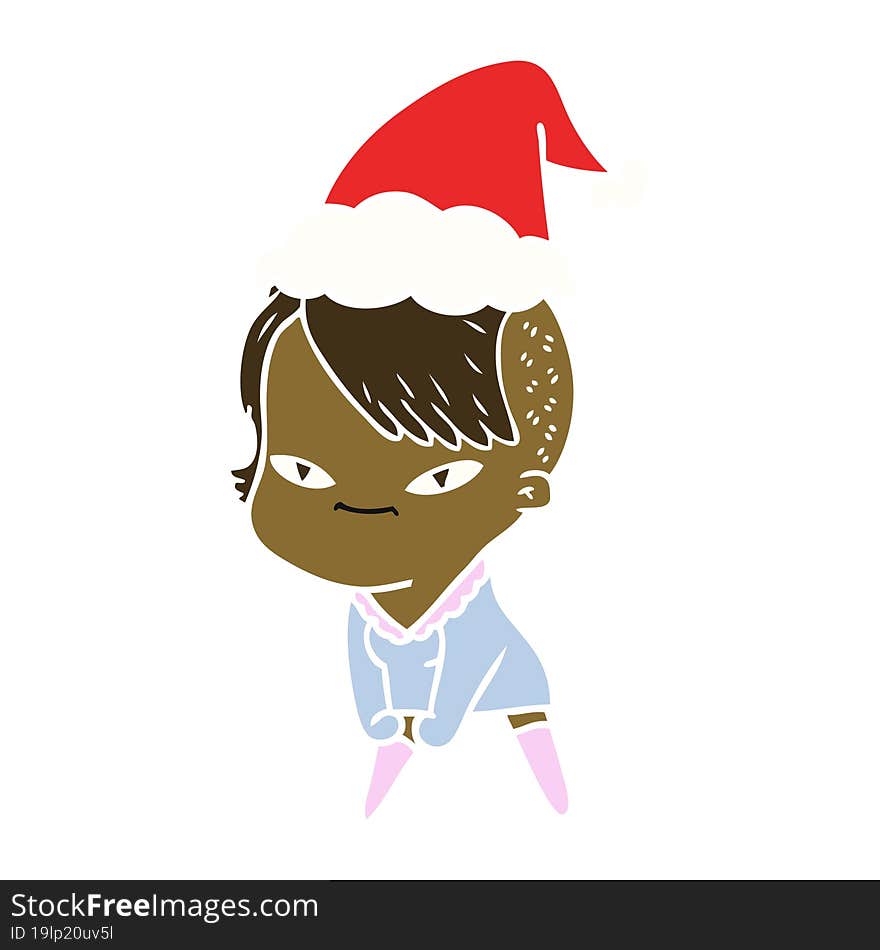 cute flat color illustration of a girl with hipster haircut wearing santa hat