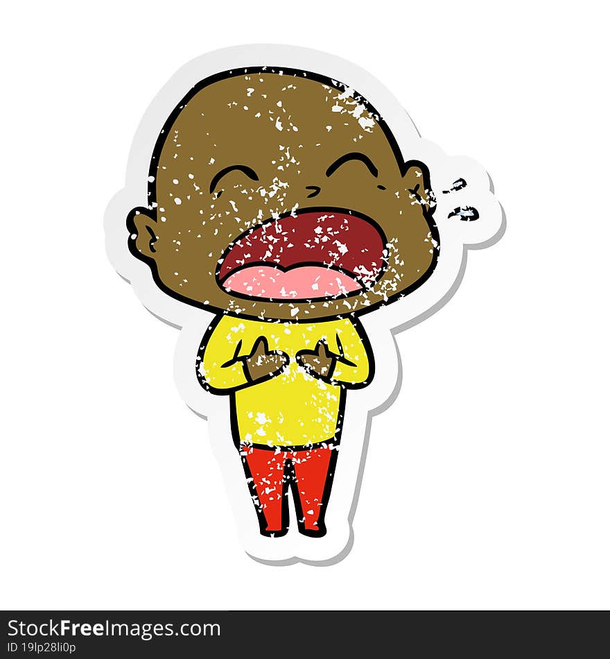 distressed sticker of a cartoon shouting bald man