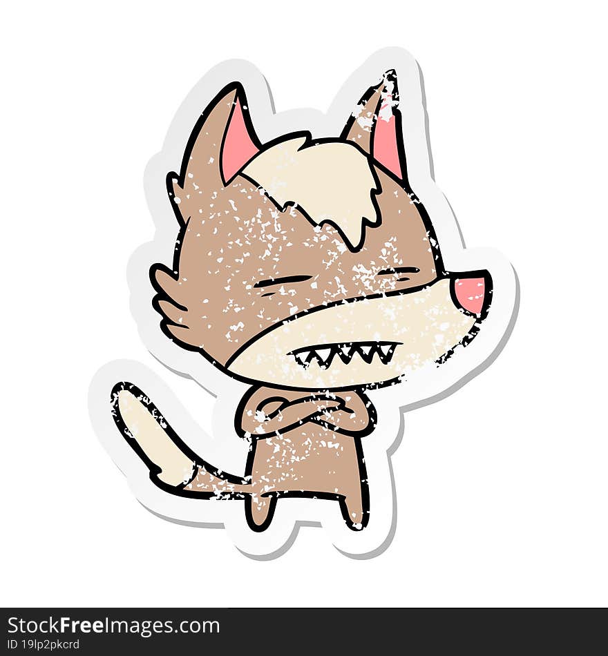 distressed sticker of a cartoon wolf showing teeth