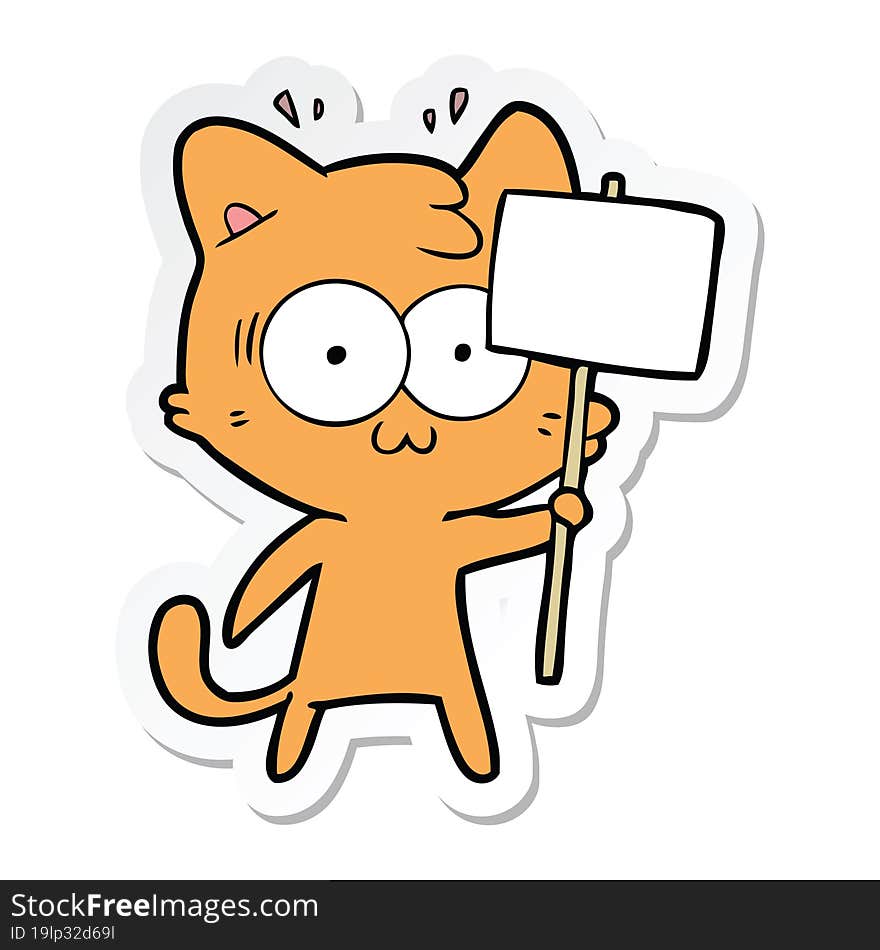 Sticker Of A Cartoon Surprised Cat Waving Sign