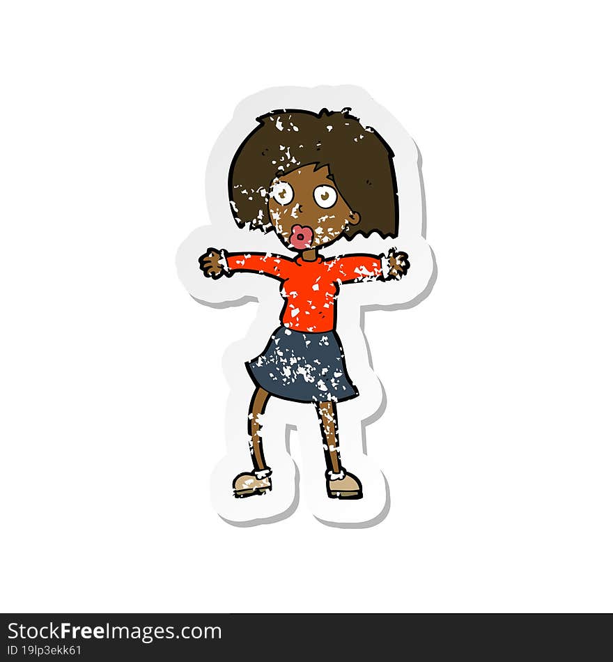 retro distressed sticker of a cartoon surprised woman