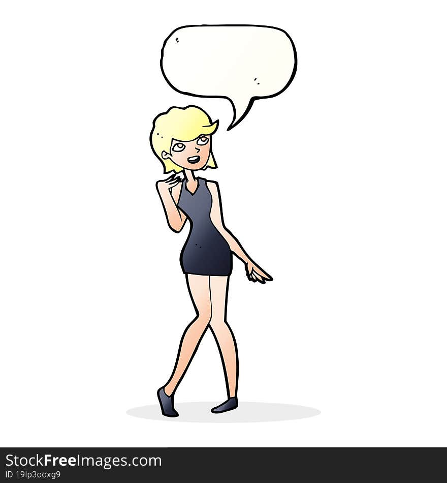 cartoon woman in cocktail dress with speech bubble