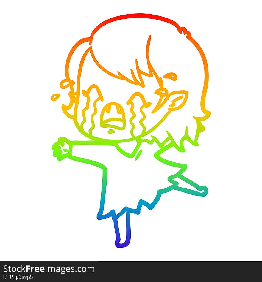 rainbow gradient line drawing cartoon crying vampire girl