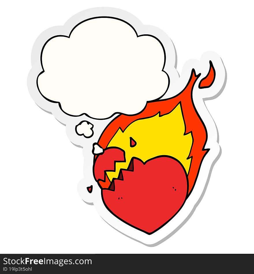 cartoon flaming heart and thought bubble as a printed sticker