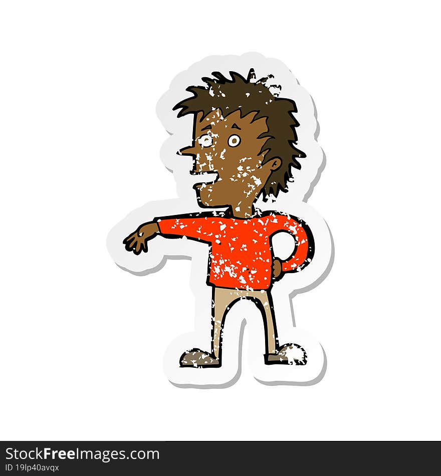 retro distressed sticker of a cartoon man making dismissive gesture