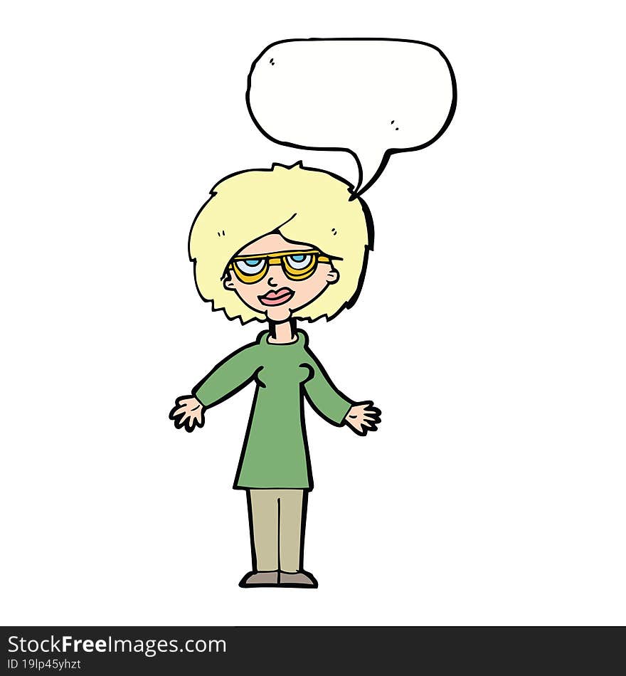 cartoon woman wearing glasses with speech bubble