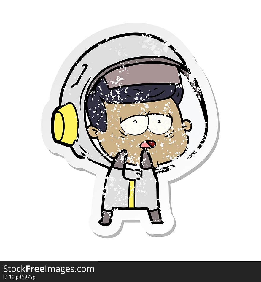 distressed sticker of a cartoon tired astronaut