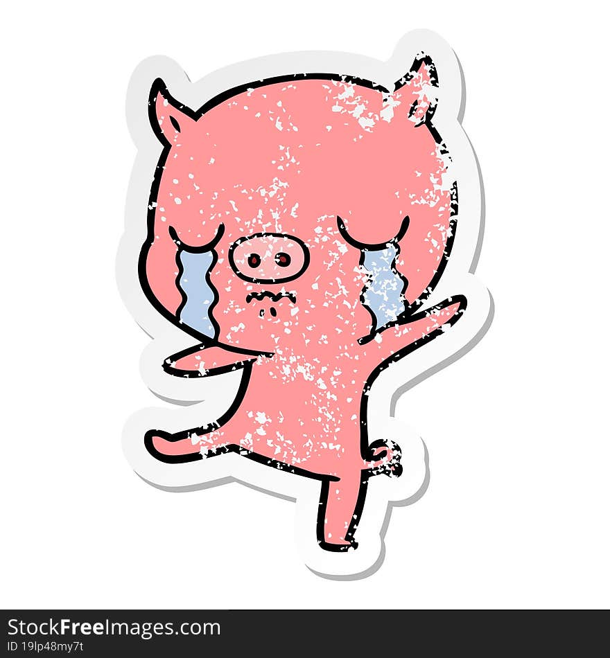 Distressed Sticker Of A Cartoon Pig Crying