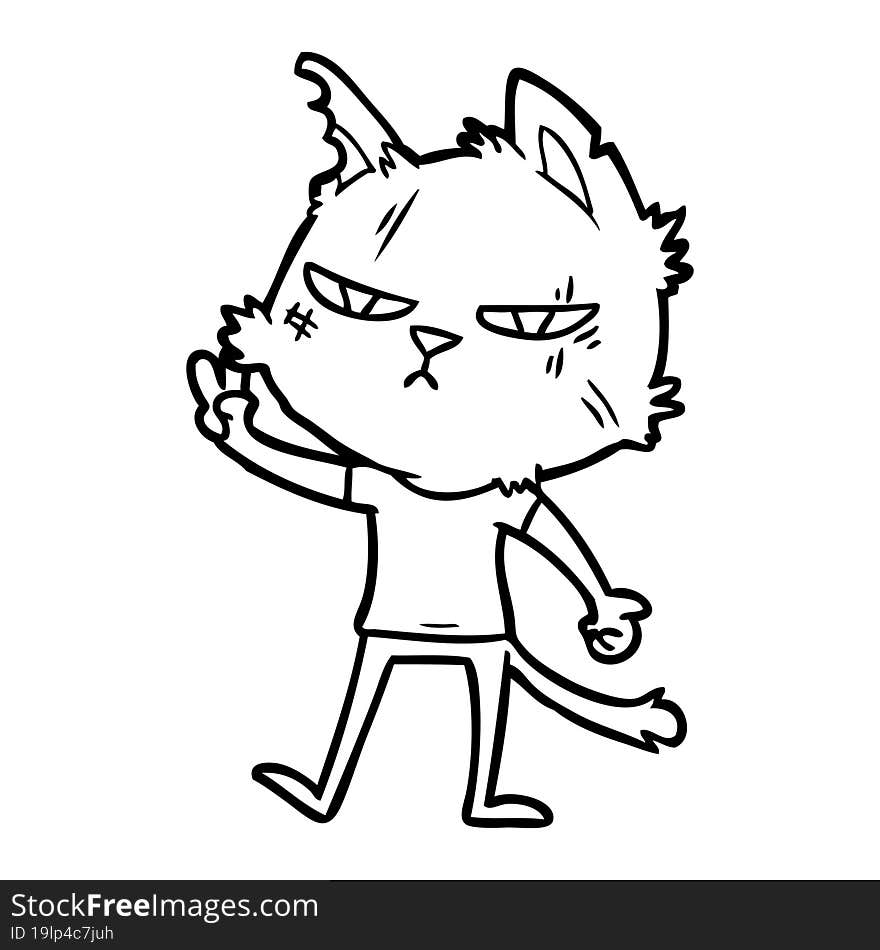 tough cartoon cat giving victory sign. tough cartoon cat giving victory sign