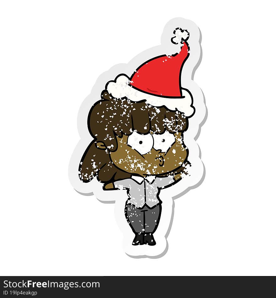 distressed sticker cartoon of a whistling girl wearing santa hat