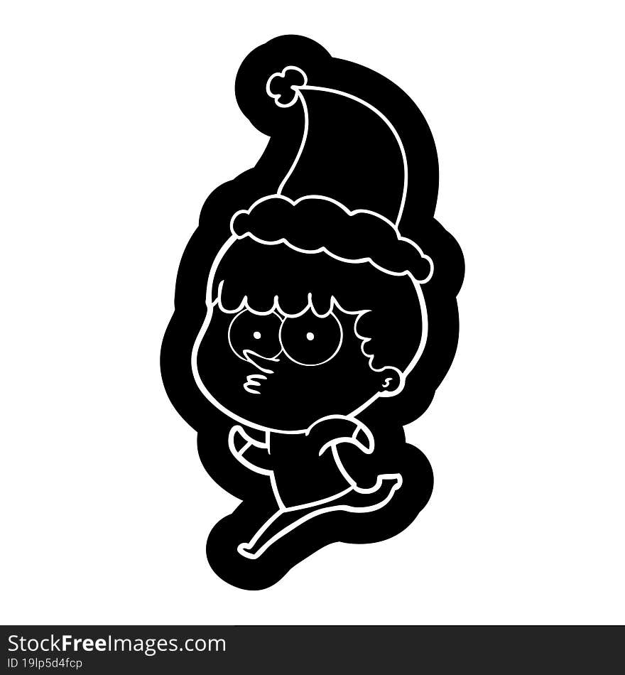 Cartoon Icon Of A Curious Boy Running Wearing Santa Hat