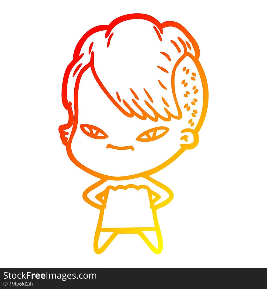 warm gradient line drawing of a cute cartoon girl with hipster haircut