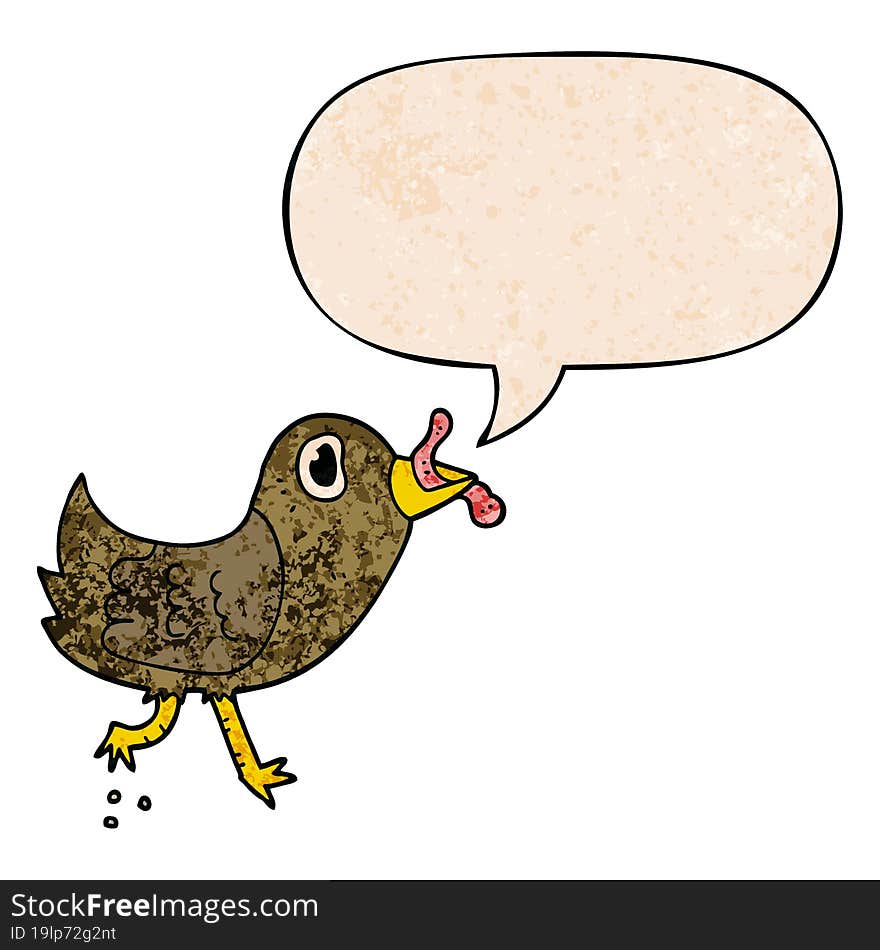 cartoon bird and worm and speech bubble in retro texture style