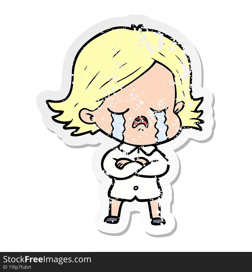 distressed sticker of a cartoon girl crying