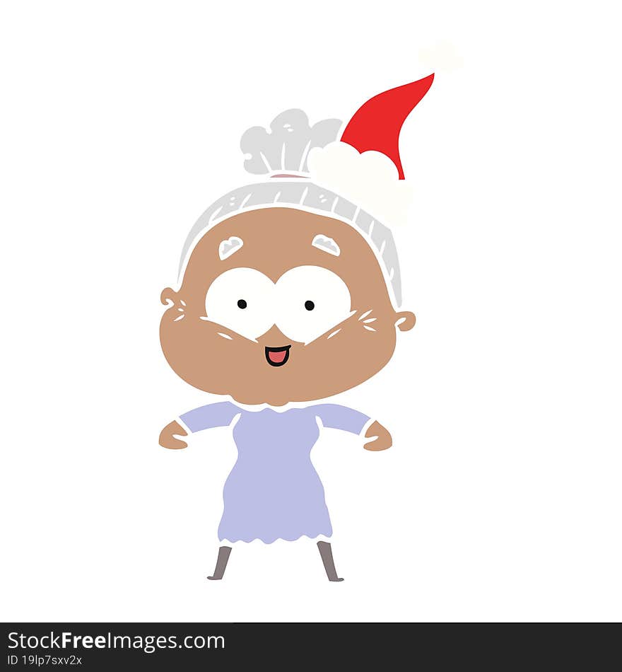 flat color illustration of a happy old woman wearing santa hat