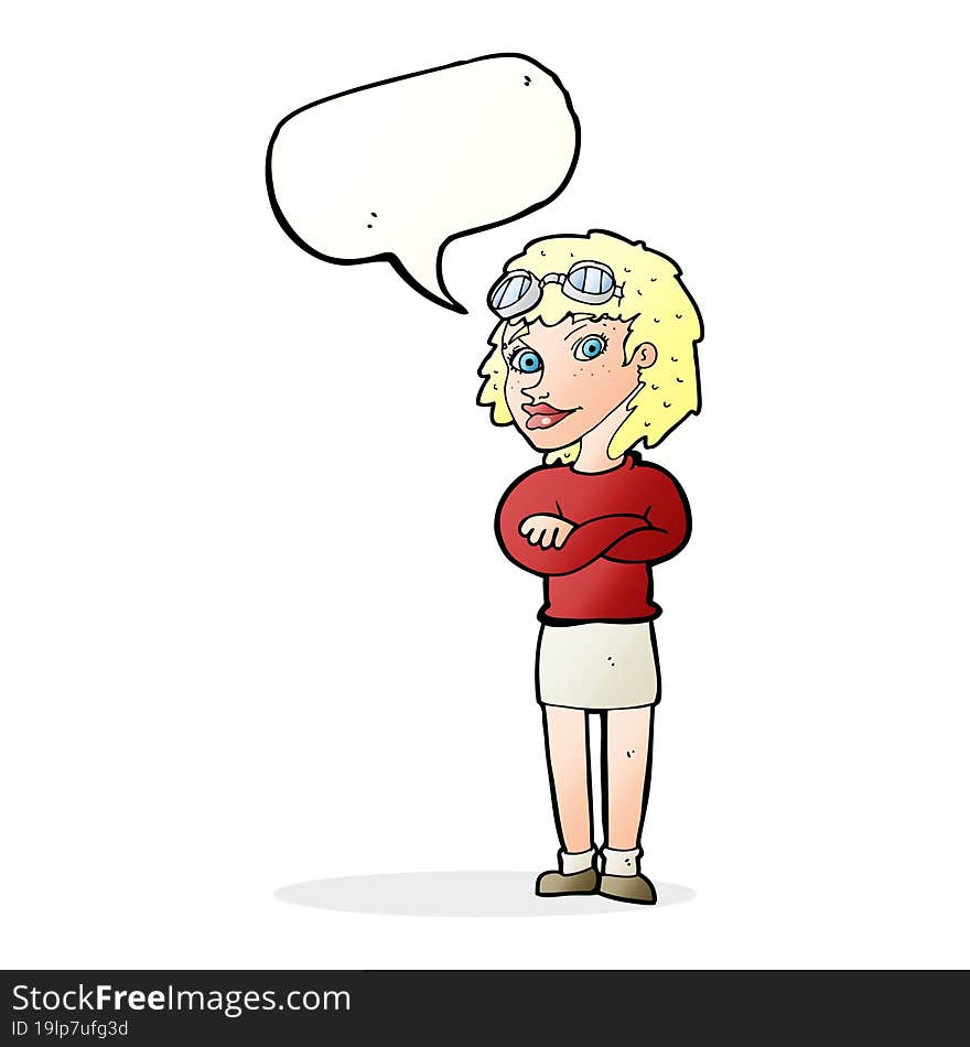 cartoon woman with crossed arms and safety goggles with speech bubble