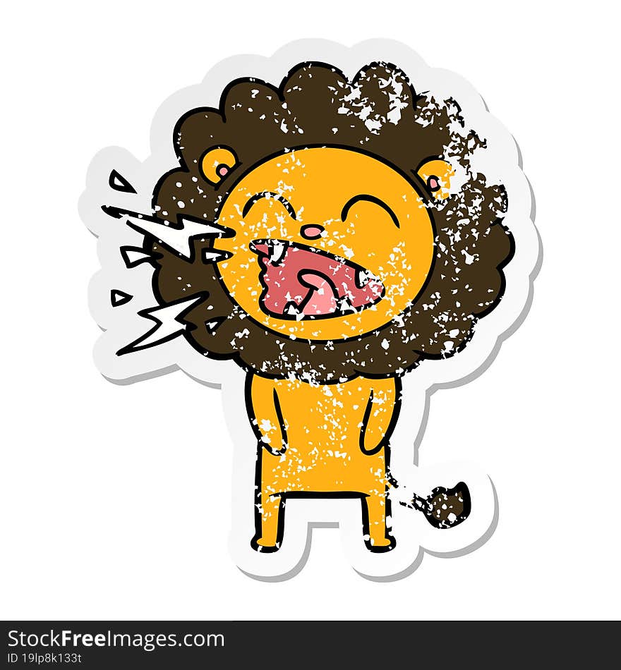 distressed sticker of a cartoon roaring lion