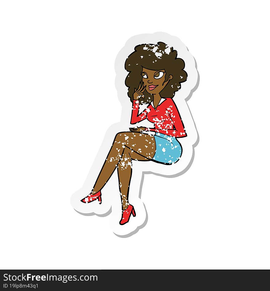 retro distressed sticker of a cartoon office woman sitting