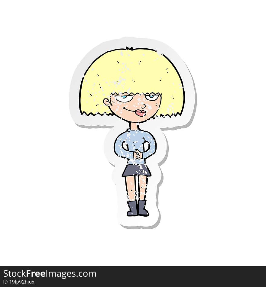 retro distressed sticker of a cartoon sly woman