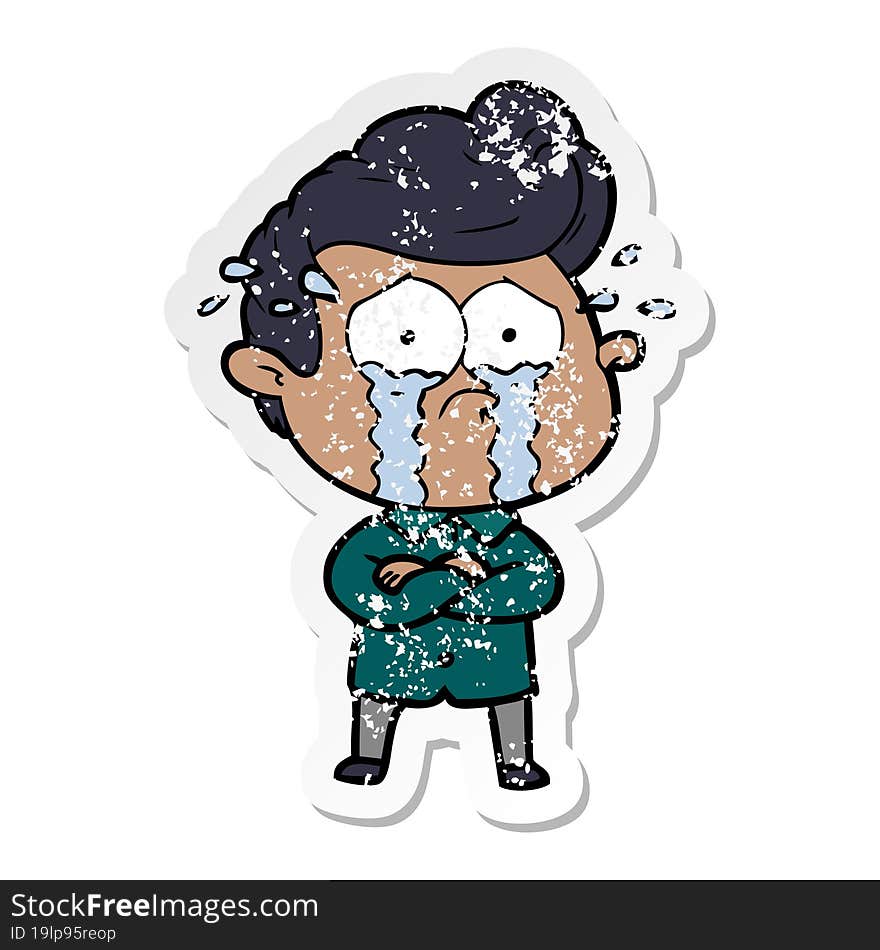 distressed sticker of a cartoon crying man with crossed arms