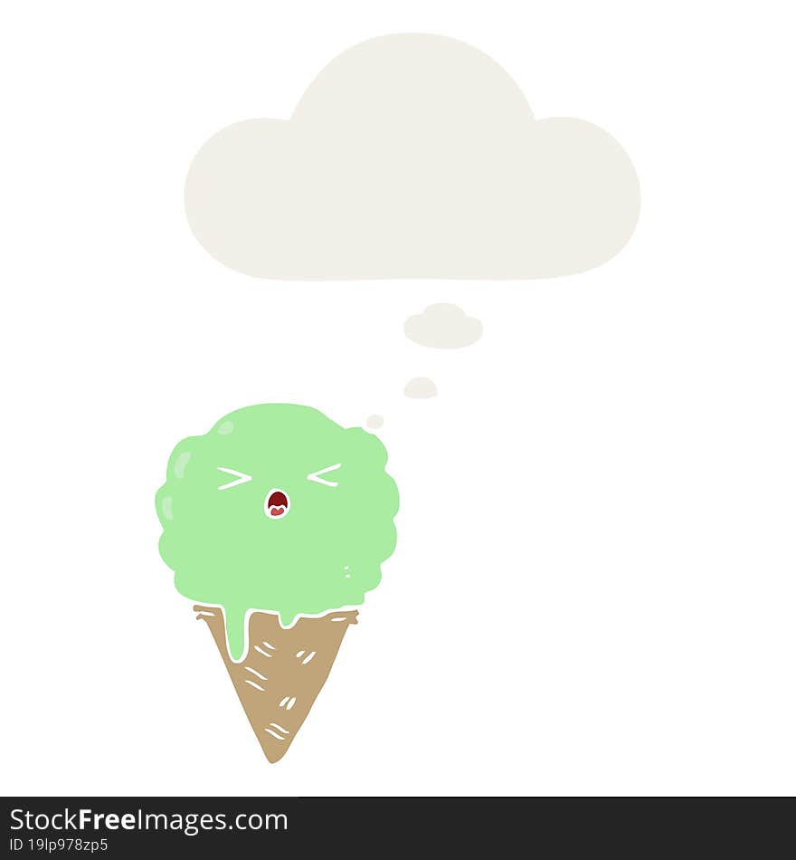 cartoon ice cream with thought bubble in retro style