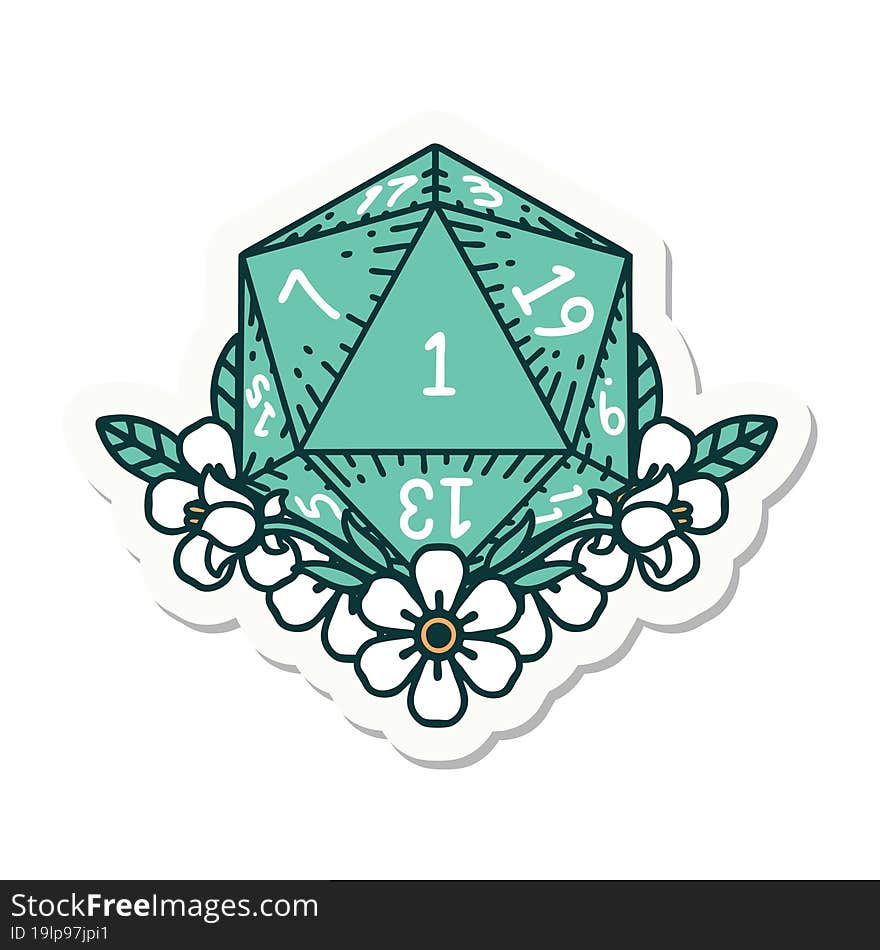 sticker of a natural one dice roll with floral elements. sticker of a natural one dice roll with floral elements