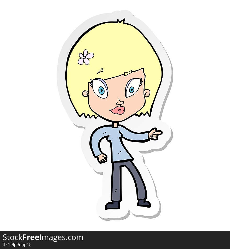 sticker of a cartoon pretty woman pointing